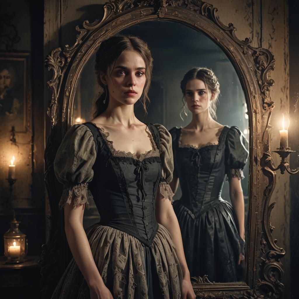 Girl Before Antique Mirror in Dark Fantasy Art
