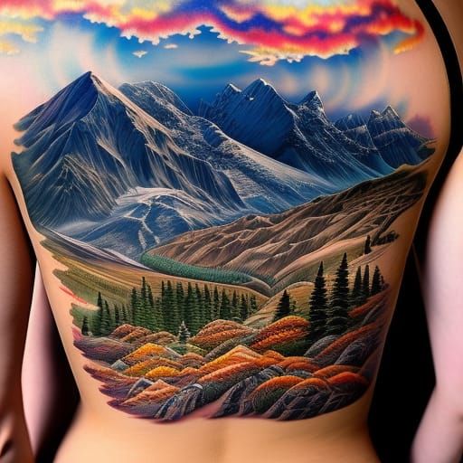 Detailed Back Tattoo - Mountains