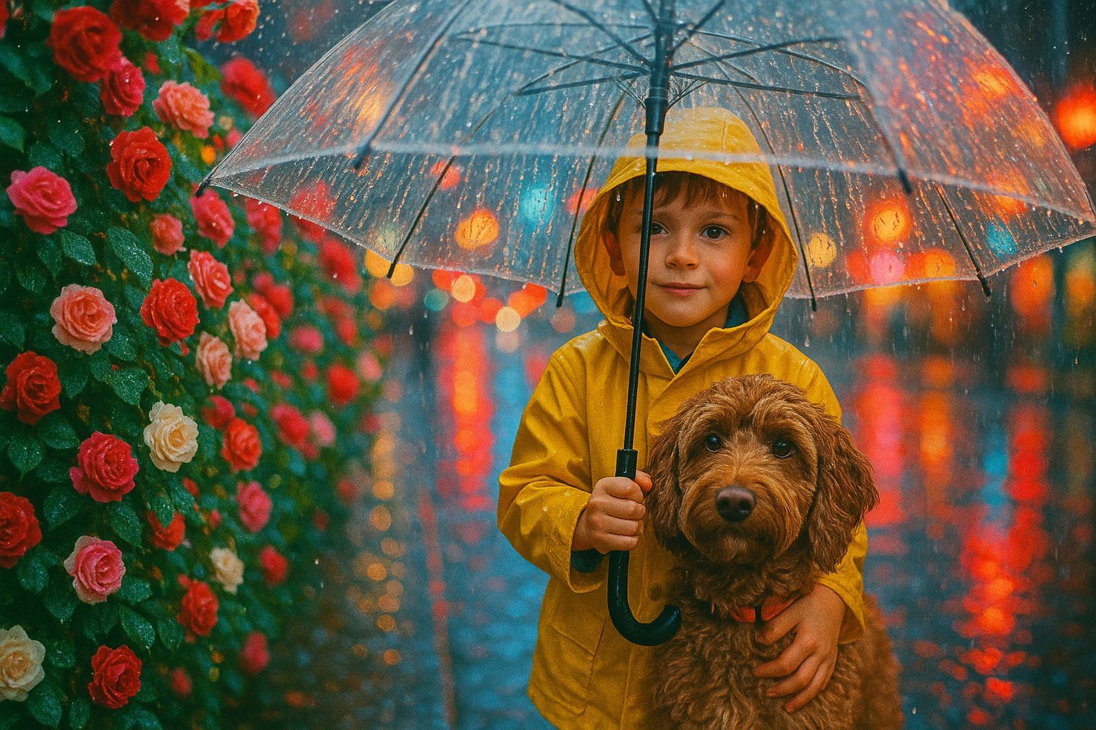 Rainy Day Companions: Boy, Dog, and Roses
