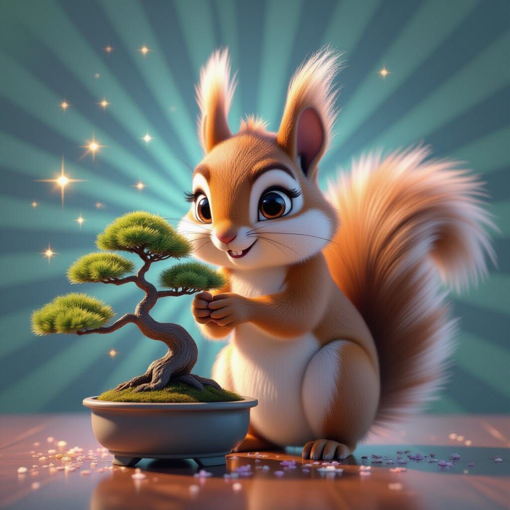 Giant Squirrel Embraces Bonsai Tree in 3D Art Style
