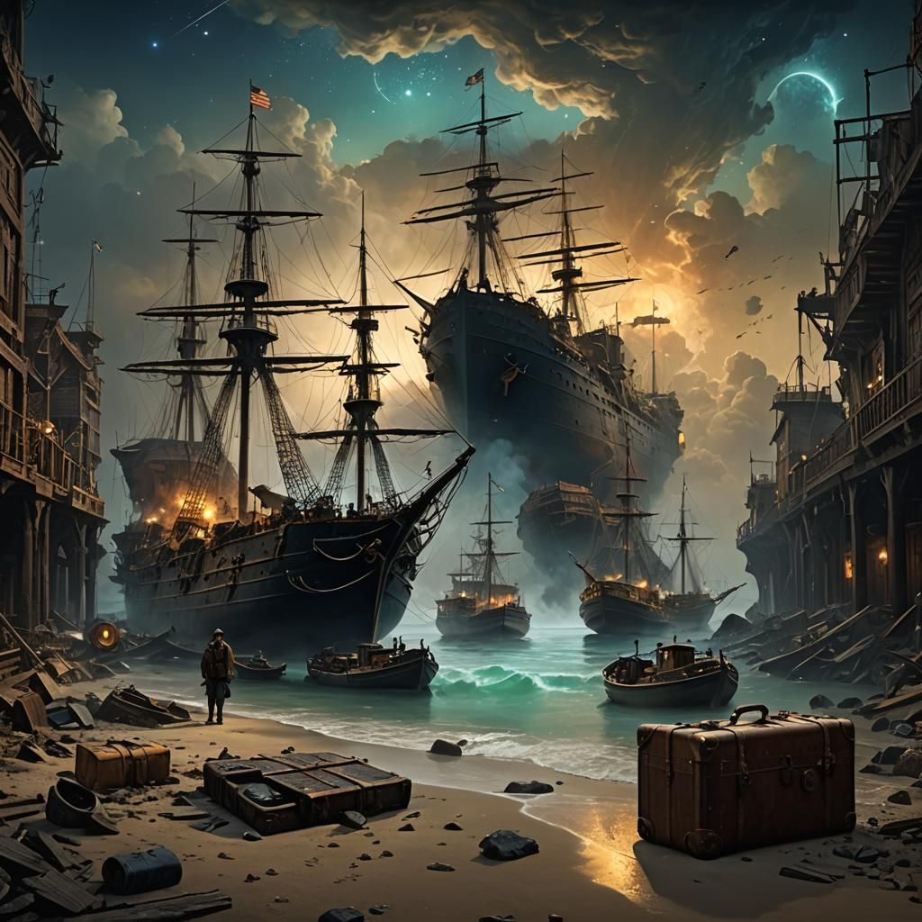 Hyperdetailed Starry Port with Ships and Suitcase
