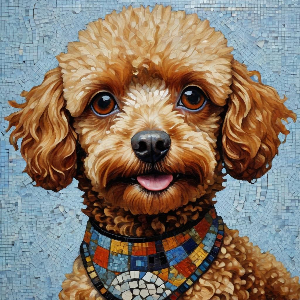 a Toy Poodle with a stylish haircut sitting inside a mosaic-...