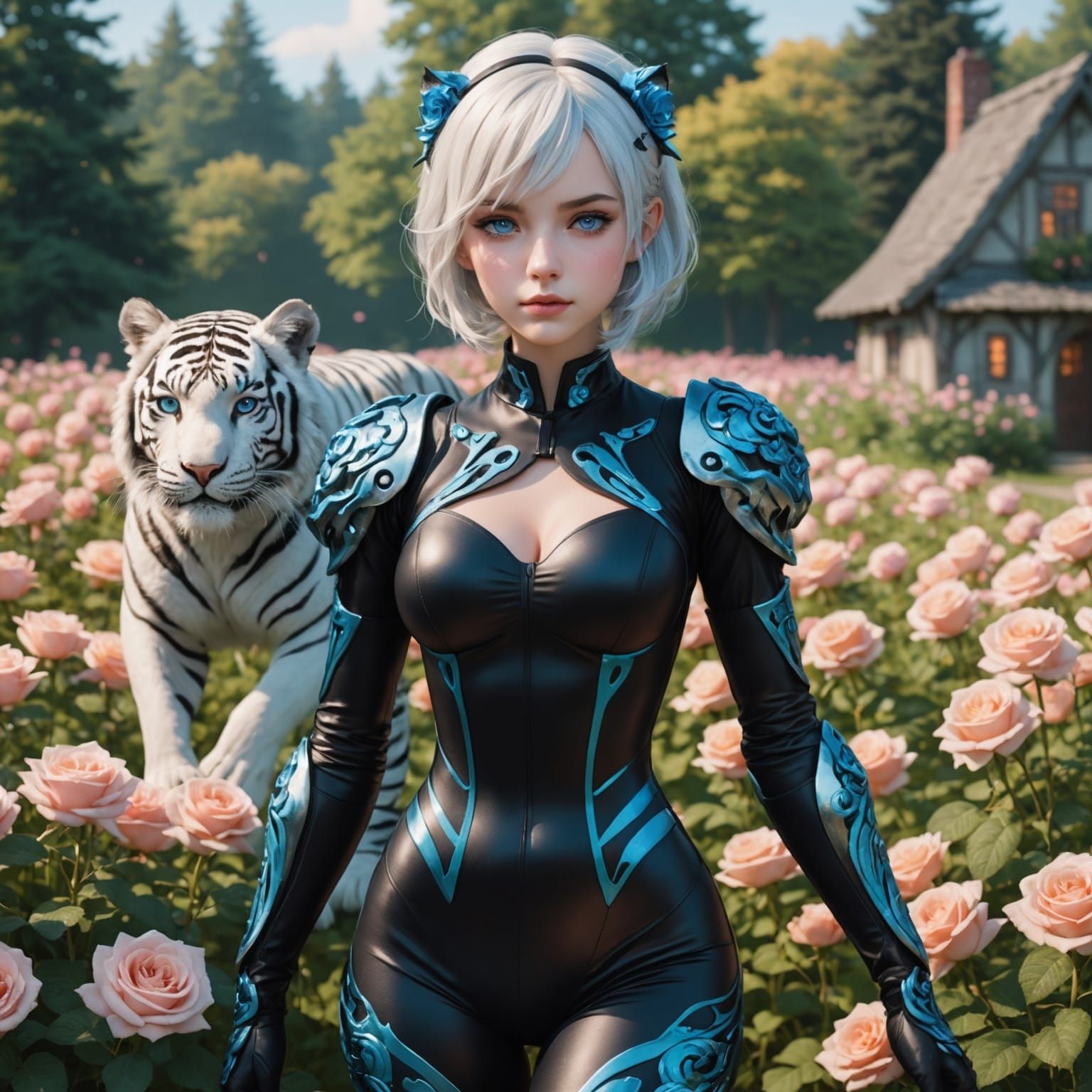 Woman Riding Unicorn in Rose Field, 8k