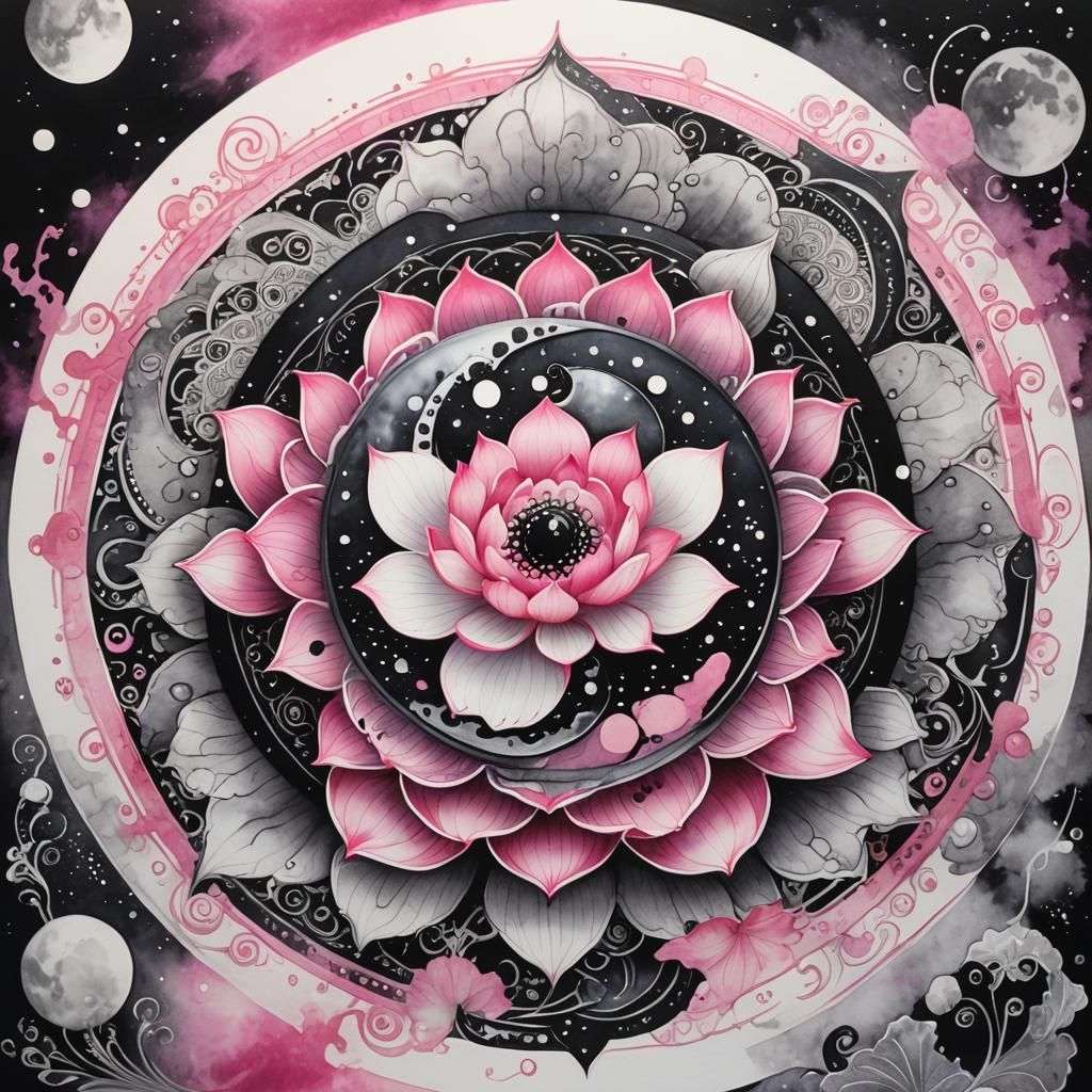 Yin Yang Lotus in Glowing Anime Ink Wash