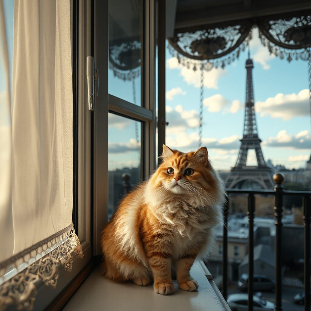 Persian Cat Gazing at Eiffel Tower in Hyperrealism