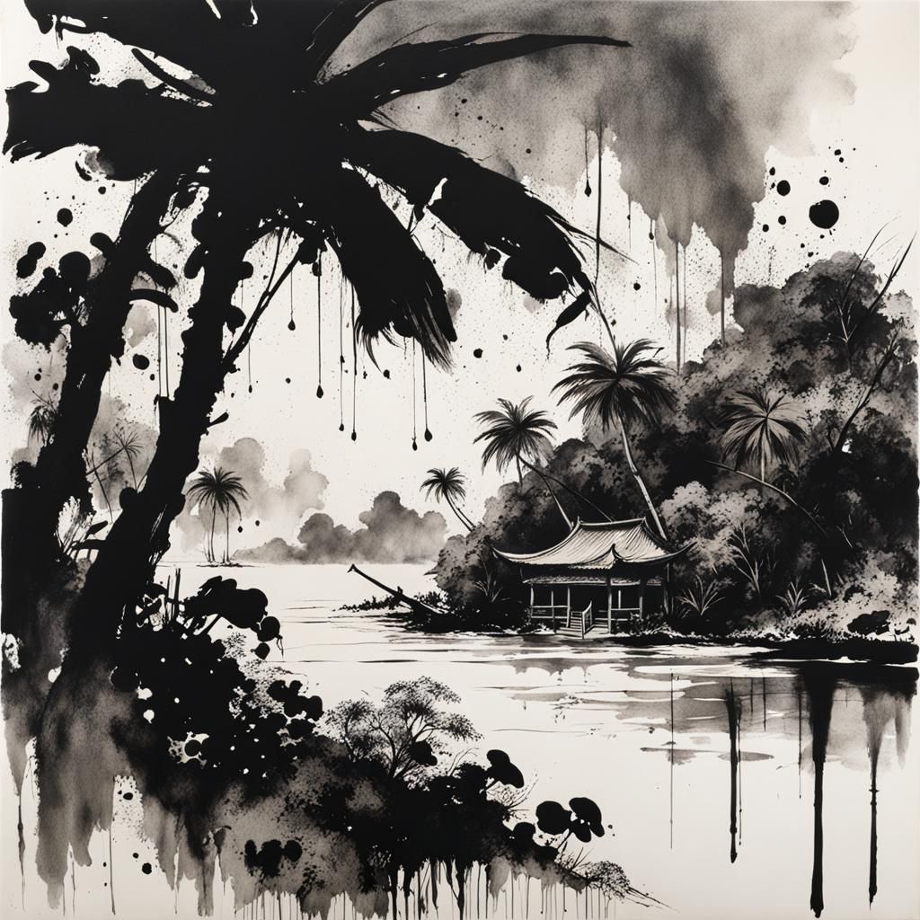Monochrome Jungle Beach Ink Splatter Art