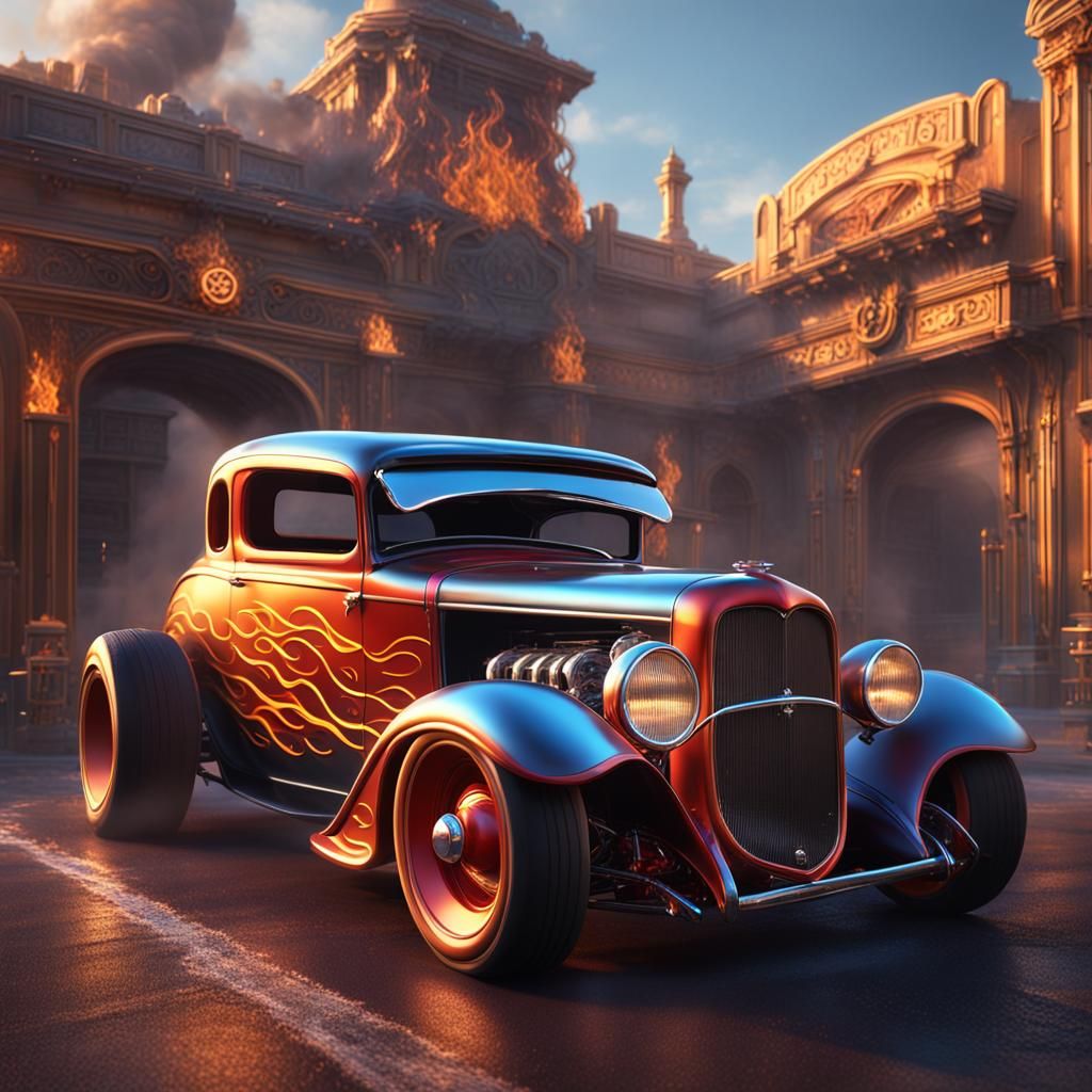 Flaming Hot Rod Car: Detailed Matte Painting