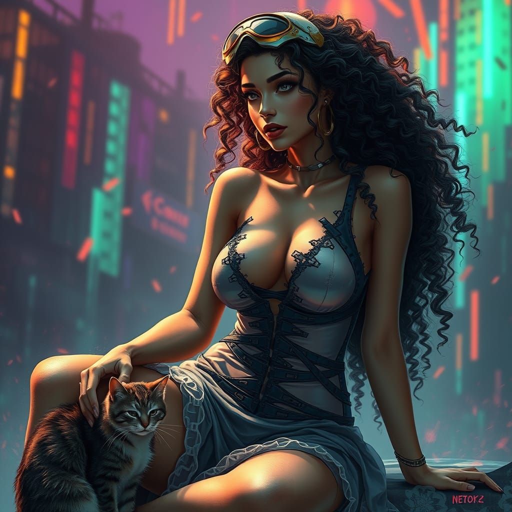 Cyberpunk Woman with Cat, Detailed Splash Art