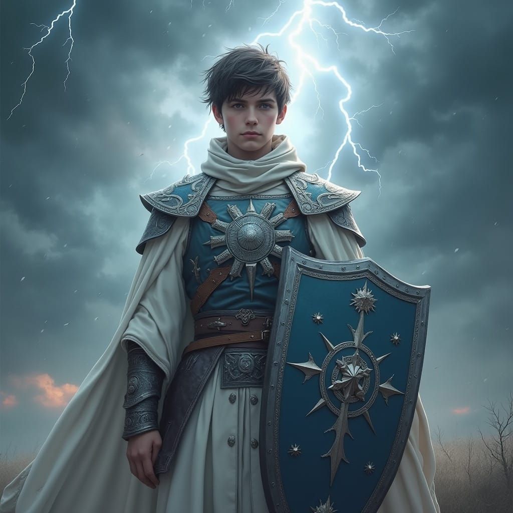 Steampunk inspired young cleric man wearing long white shiny...