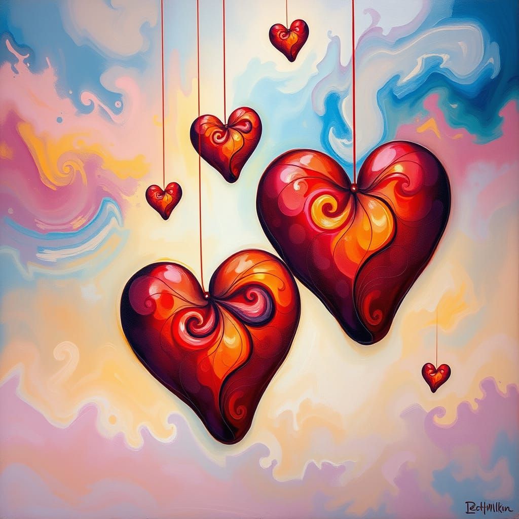 Ethereal Heart Motifs in a Dreamlike Gouache Painting