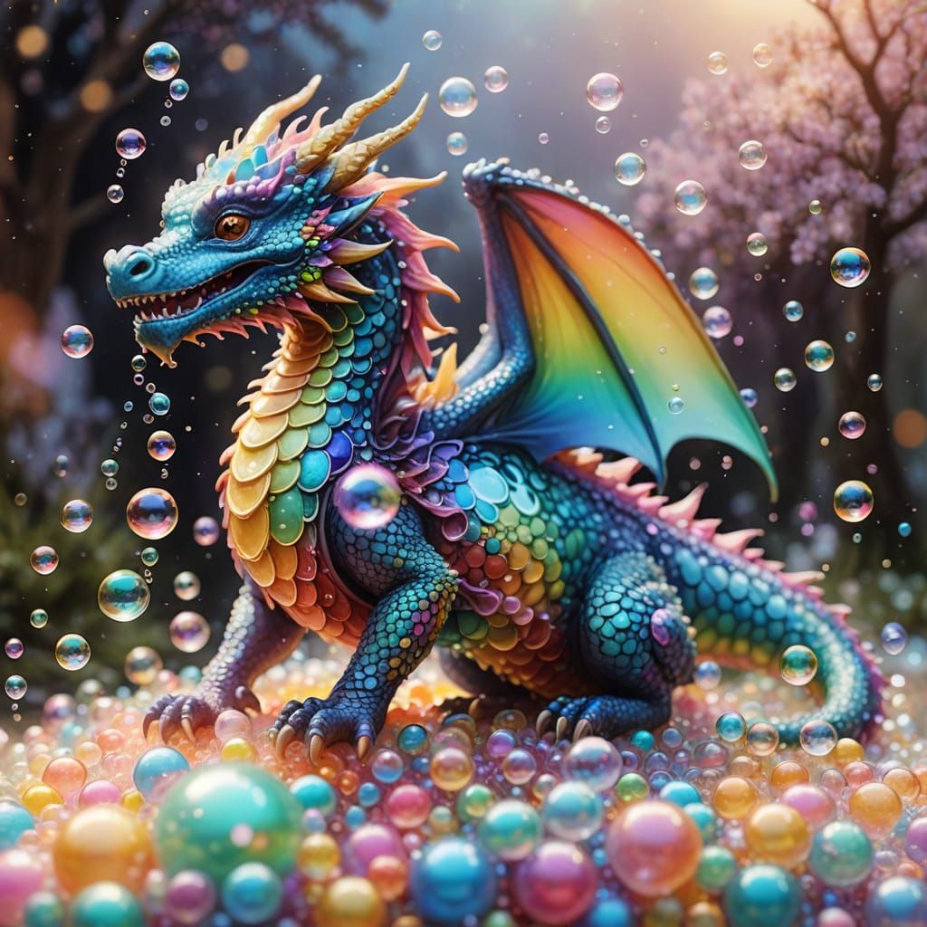 Rainbow Dragon Hoarding Bubbles in Dreamlike Fantasy Art