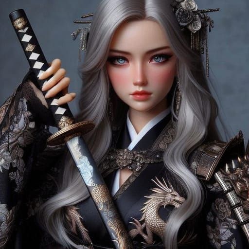 Elegant European Female Samurai in Black Silk Kimono