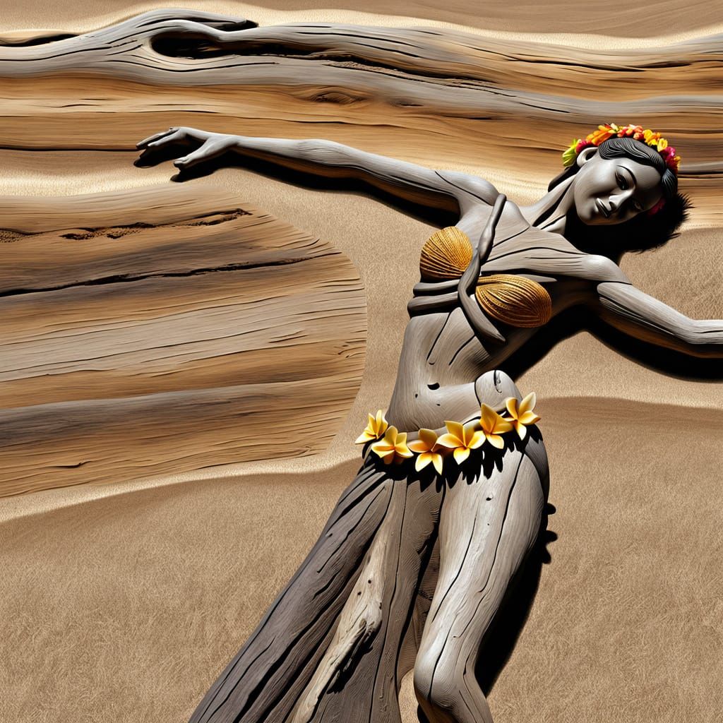 Photorealistic Driftwood Hula Dancer on Tropical Beach