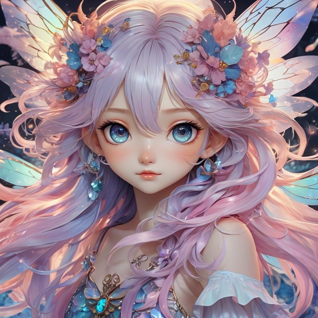 Anime Fairy Portrait with Holographic Wings