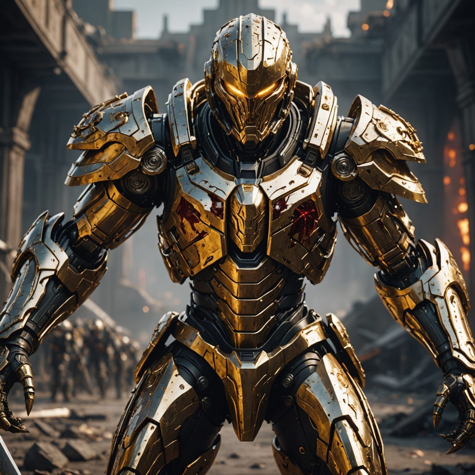 Golden Armored Warrior in Bloody Battle, Sci-Fi Mech