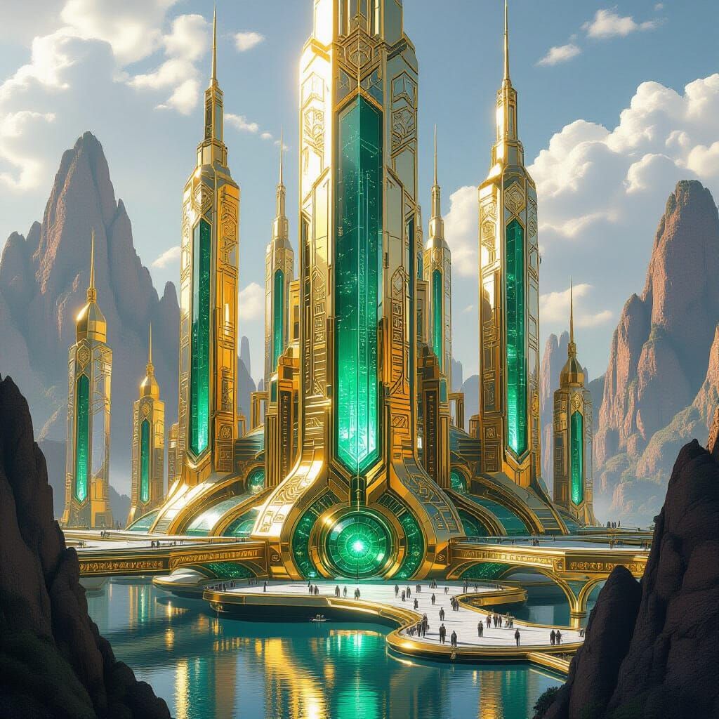 Crystal City with Gold Patterns in Futuristic Style