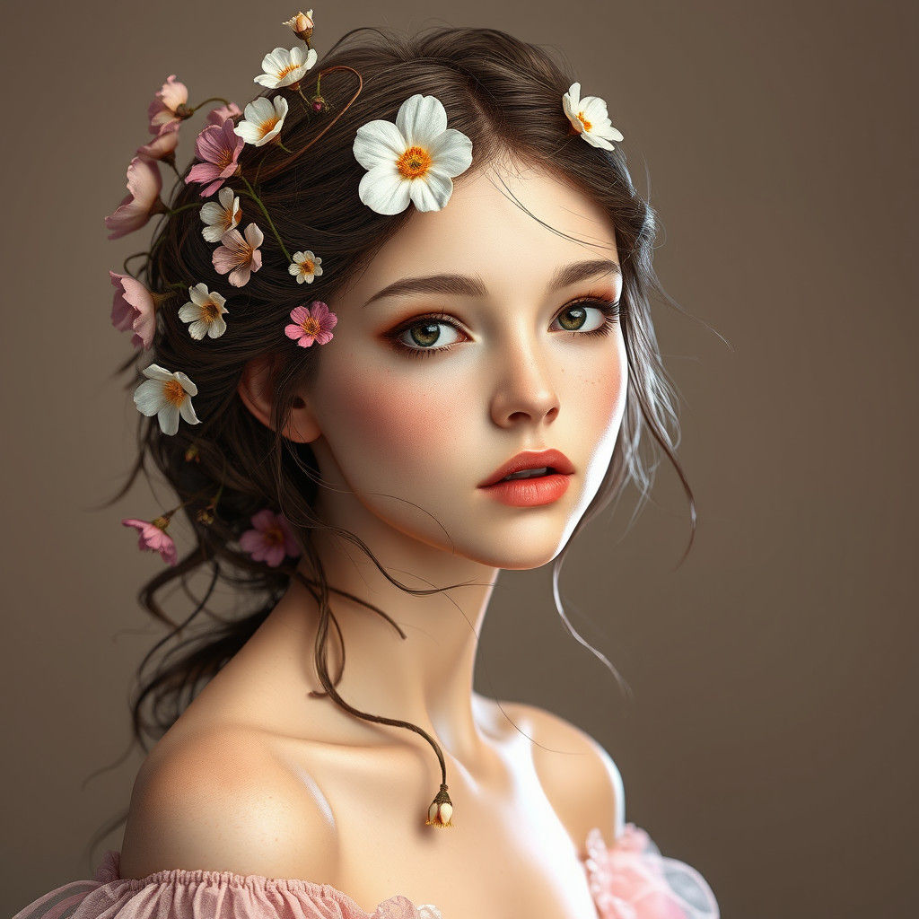 Ethereal Flower Girl Portrait in Art Nouveau Style