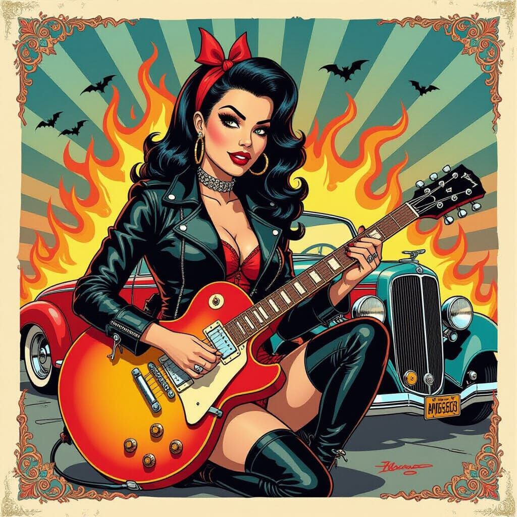 Rockabilly Pinup Queen with Flaming Guitar