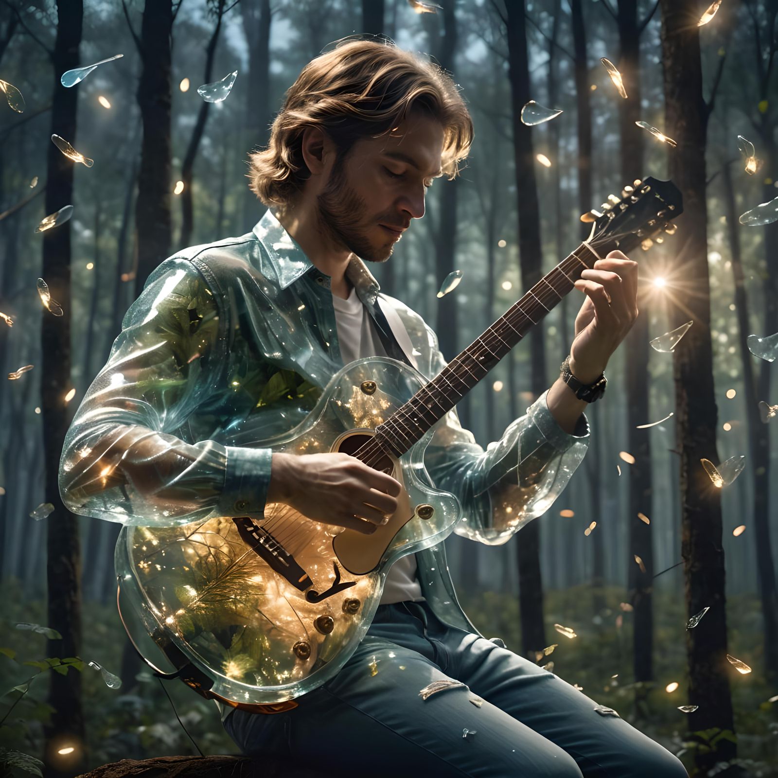 Glass Guitar Player in Night Forest