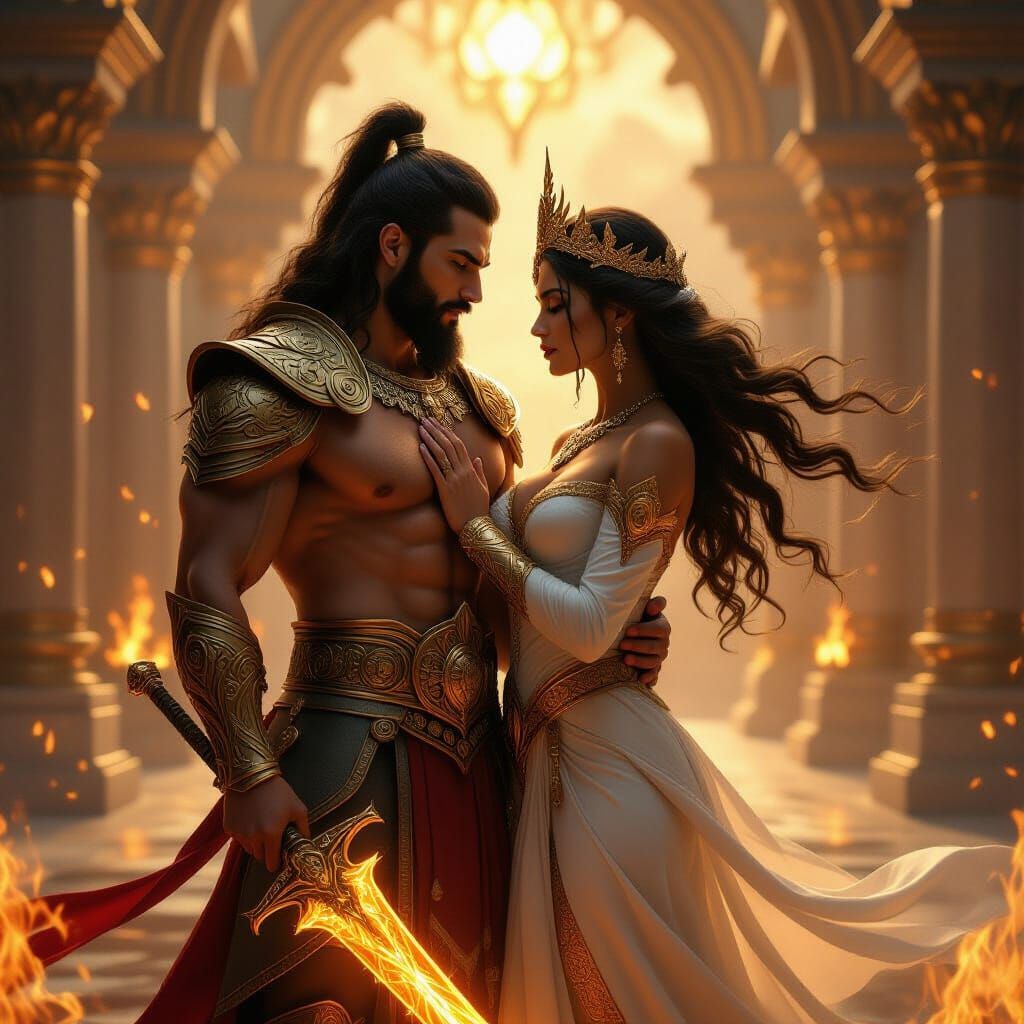 Warrior God and Goddess Embrace in Fiery Temple Courtyard