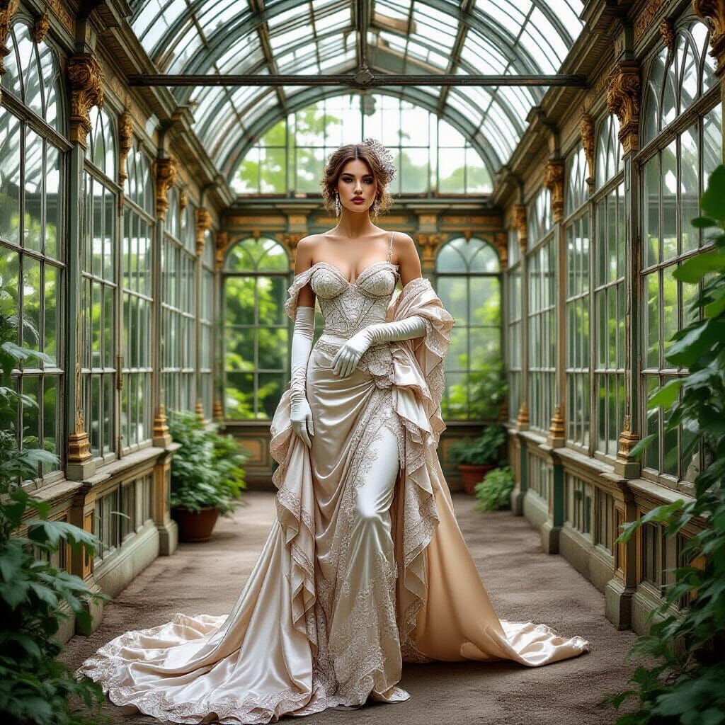 Woman in Silk and Satin in Decaying Greenhouse