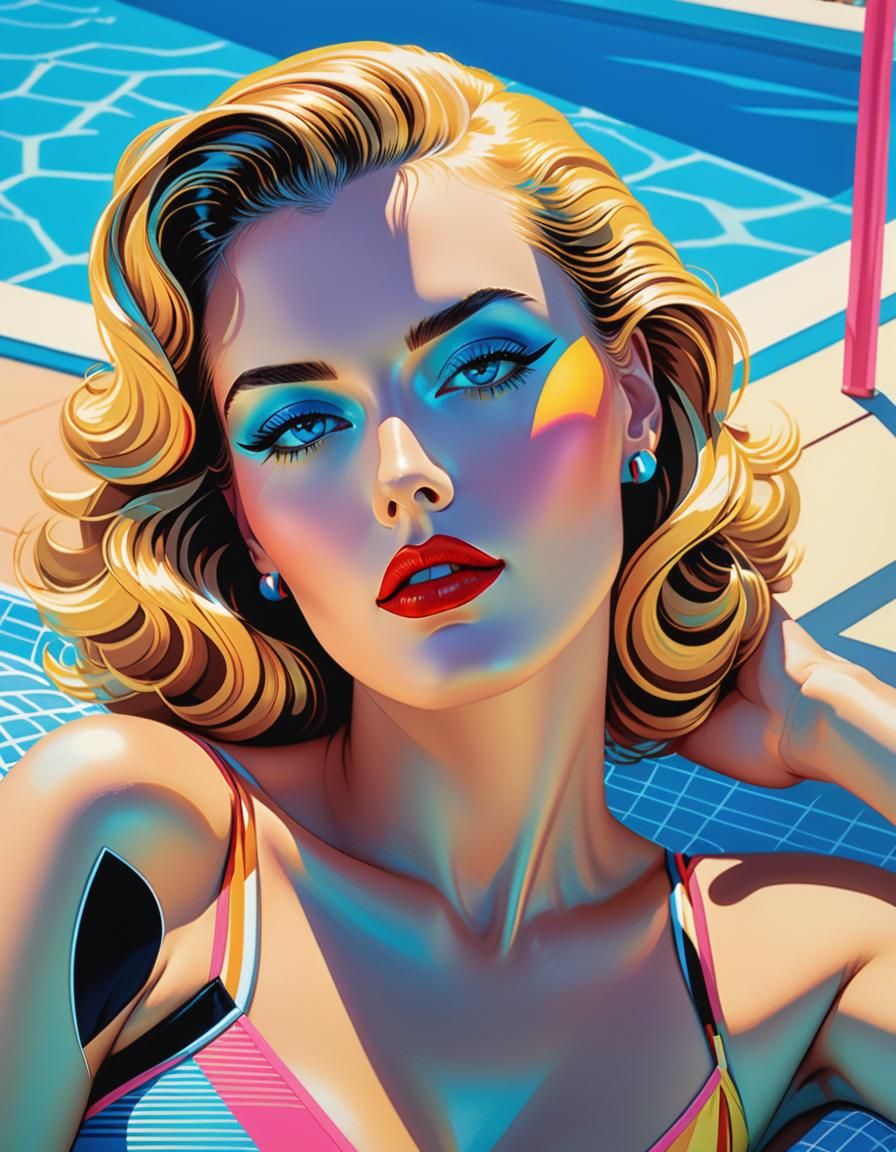 Girl by Pool in 80s Pop Art Style