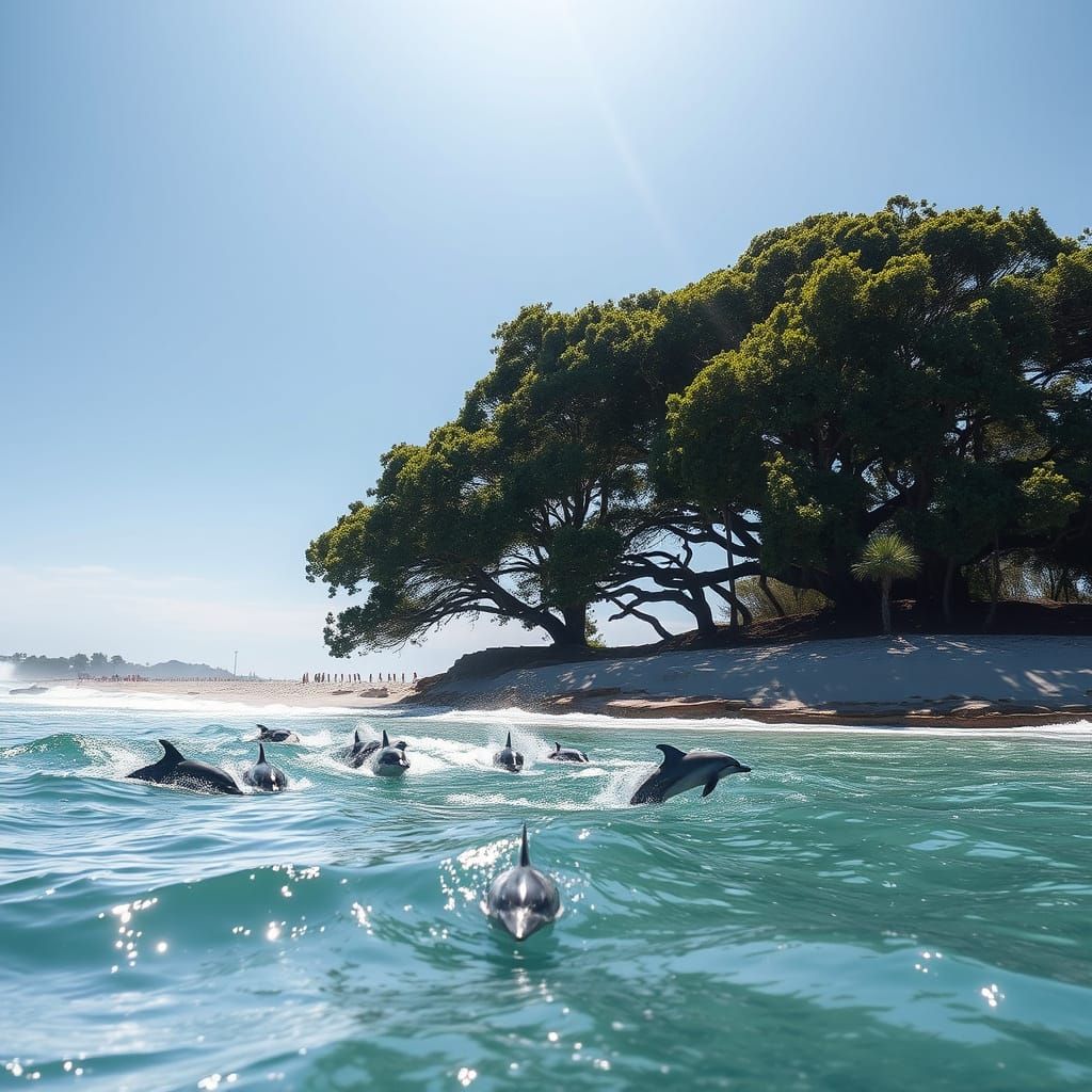 Hyperrealistic Dolphins Playing in Waves on Sunny Beach
