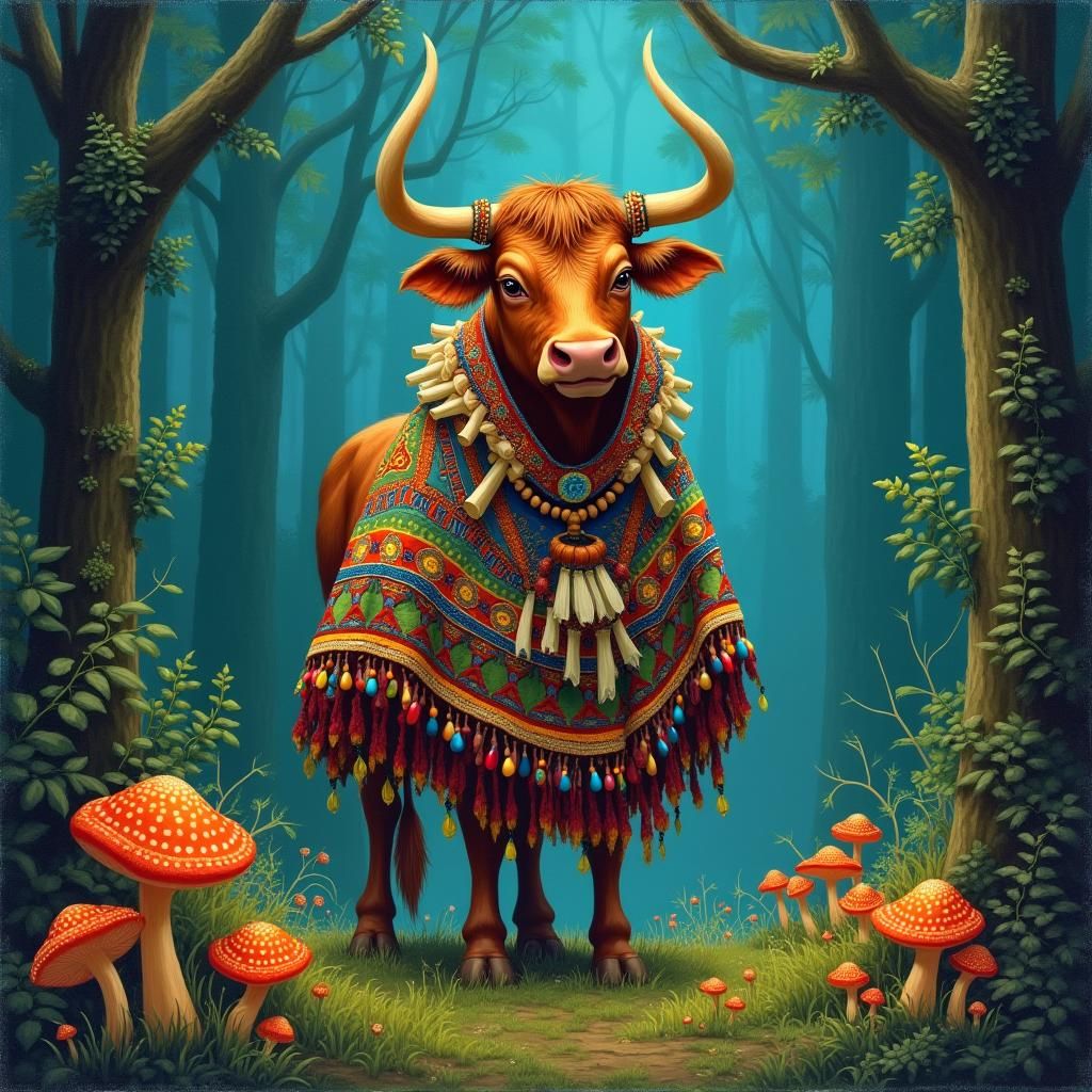 Mystical Shaman Cow in Lush Forest, Gouache Painting