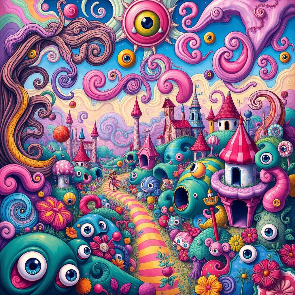 Vibrant Candyland Landscape with Stylized Eyes