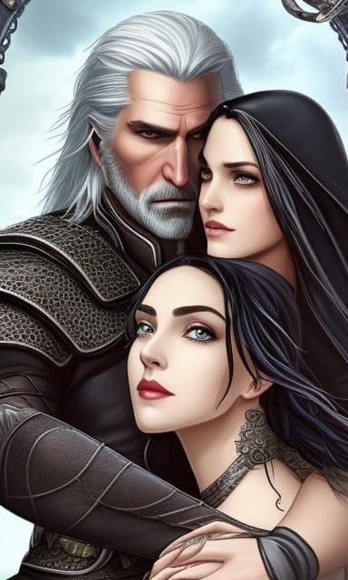 Geralt and Yennefer Embrace: Detailed Fantasy Portrait