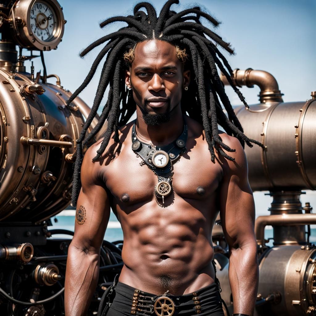 "Black Steampunk-man with dreadlocks