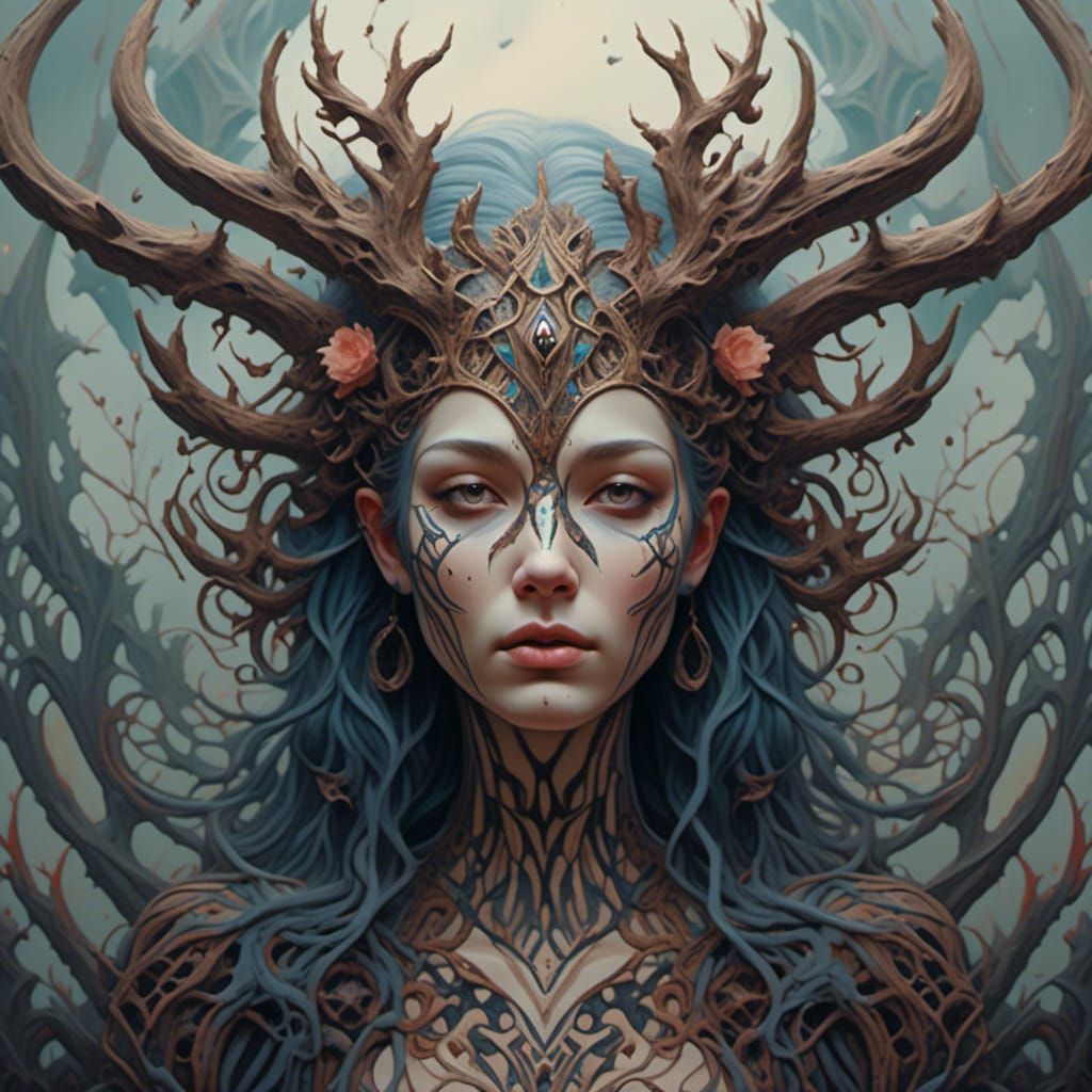 Humans with Antlers and Tattoos in Surreal Scene