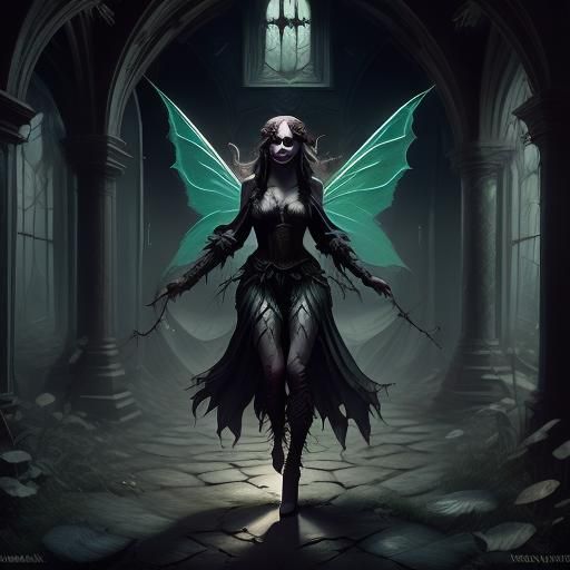 Dark fairy woman in the style of Friday the 13th haunting im...