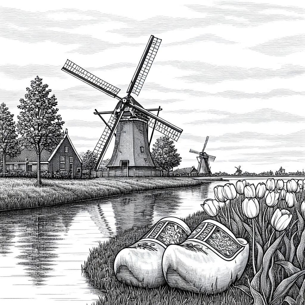 Detailed Dutch Landscape with Clogs, Windmill, and Tulips in...