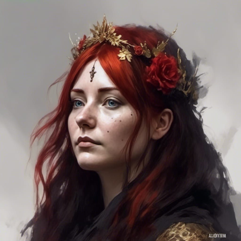 Gothic Woman with Flower Crown, Detailed Portrait