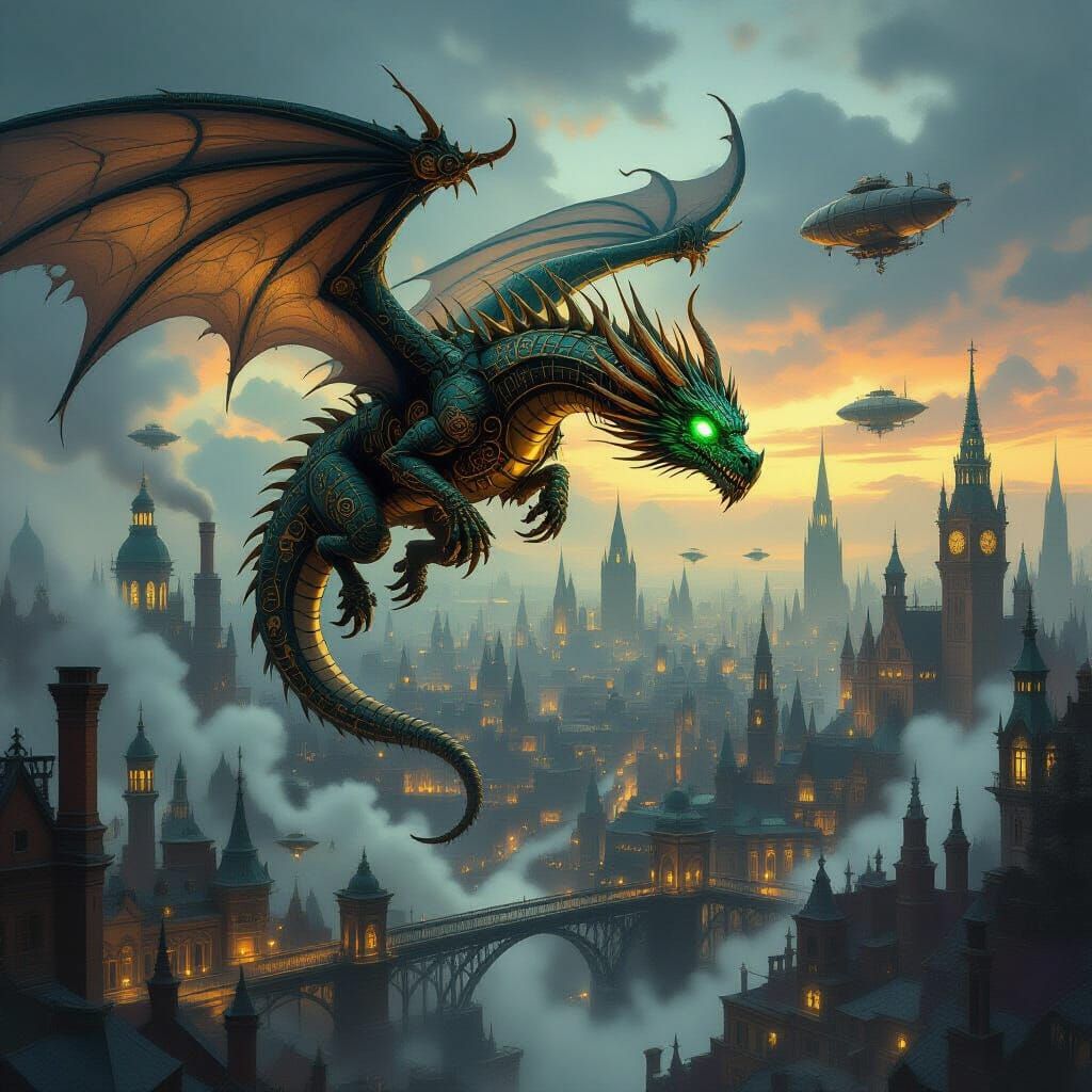 Clockwork Dragon Over Victorian City