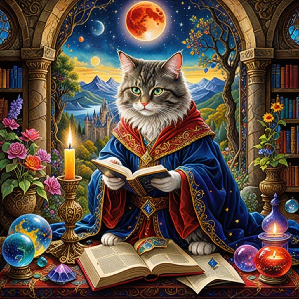 Cat Wizard Reading Spell Book in Celestial Room