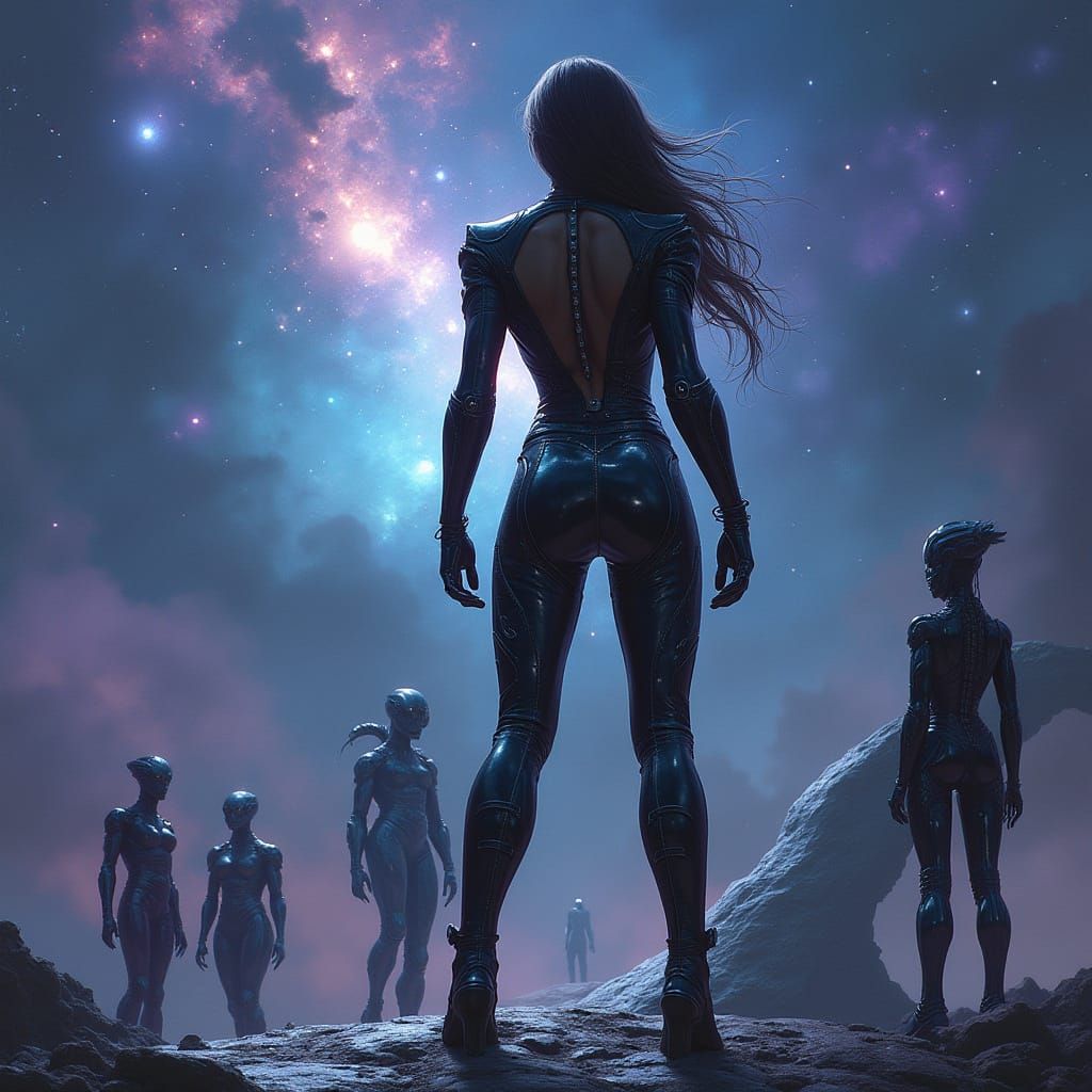 Space Pirate Queen Oversees Nebula in Cosmic Art Style