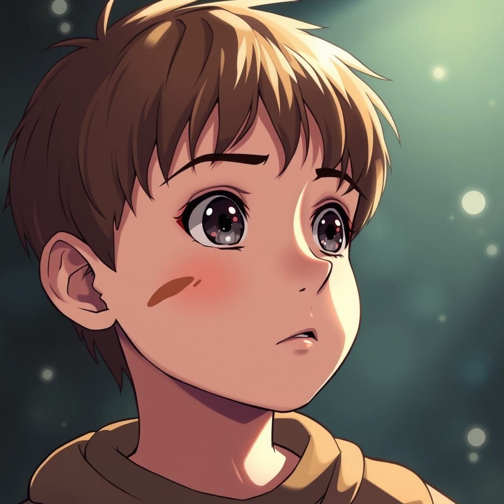 Anime Boy with Birthmark Gazing Up with Curious Black Eyes