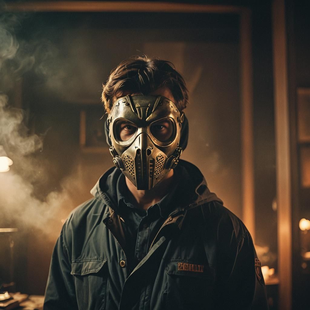 Dramatic Mask in Smoky Room: Cinematic Film Still