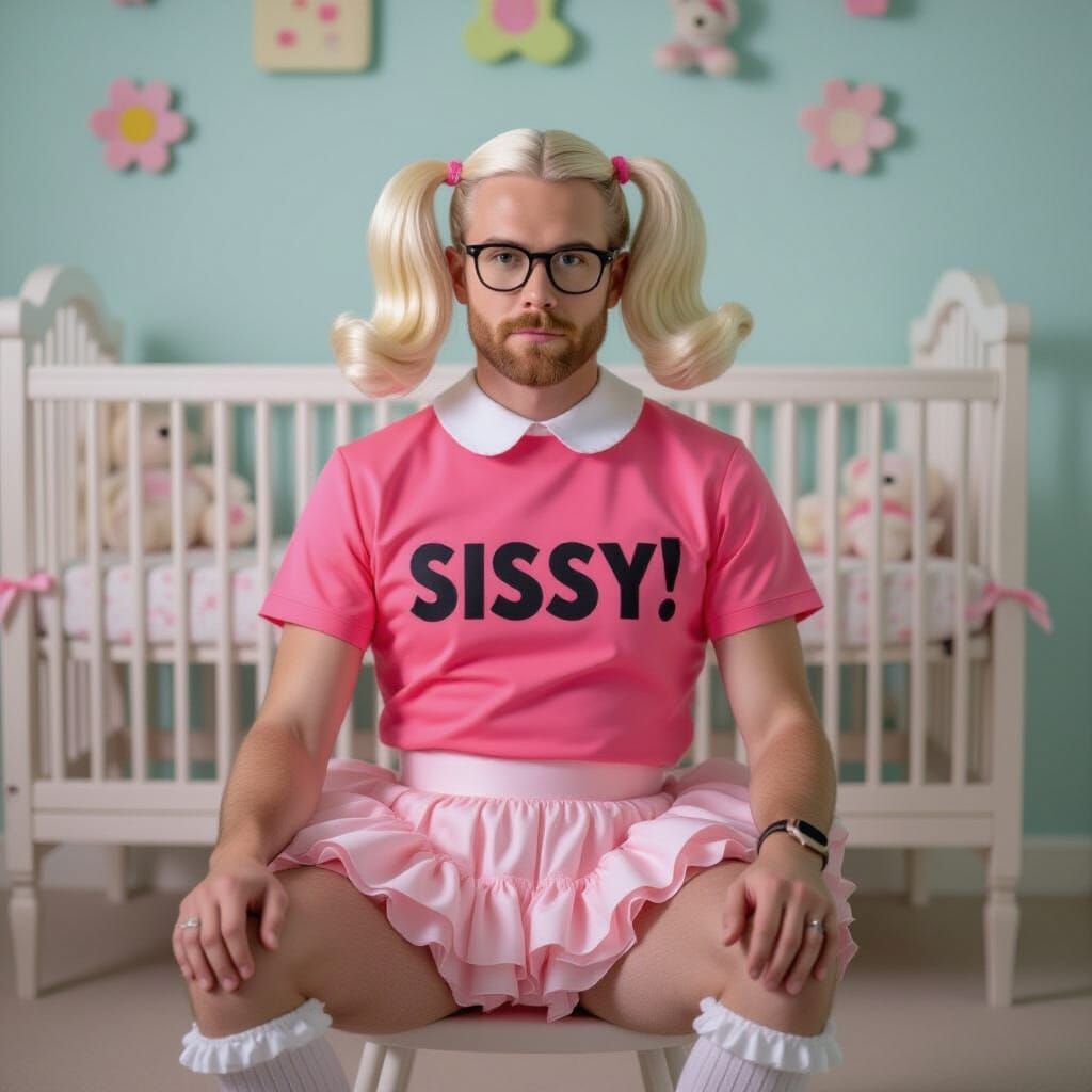 Man in Pink Sissy Shirt in Nursery, Whimsical Art