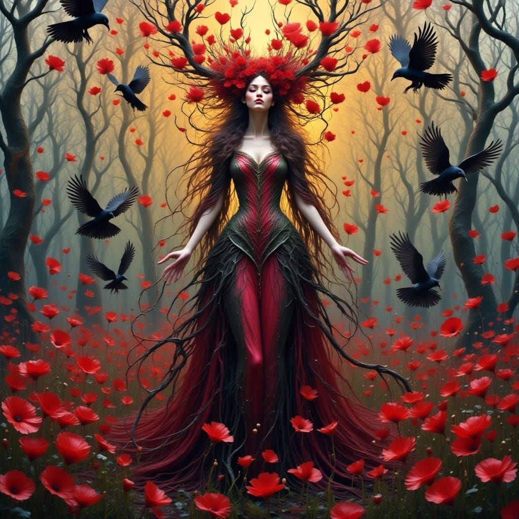 Vampire Queen in Poppy Field: Expressionist Oil Painting