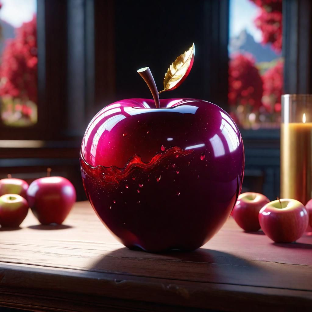 Ruby Apple on Table: Detailed Matte Painting