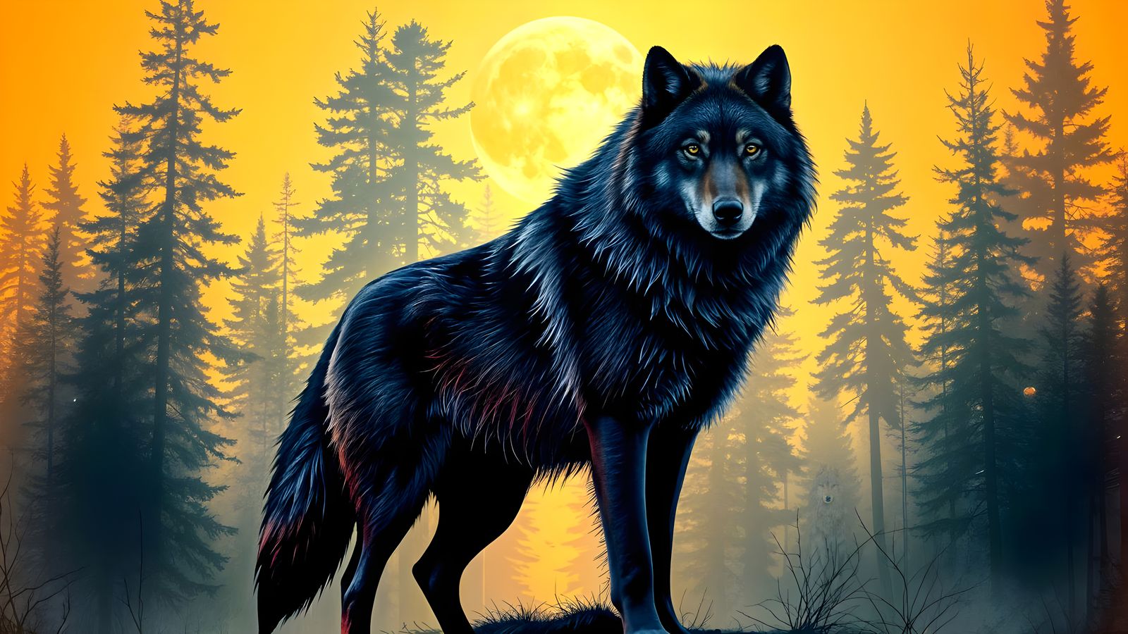 Majestic Gray Wolf Under Full Moon in Whimsical Woodland Sce...