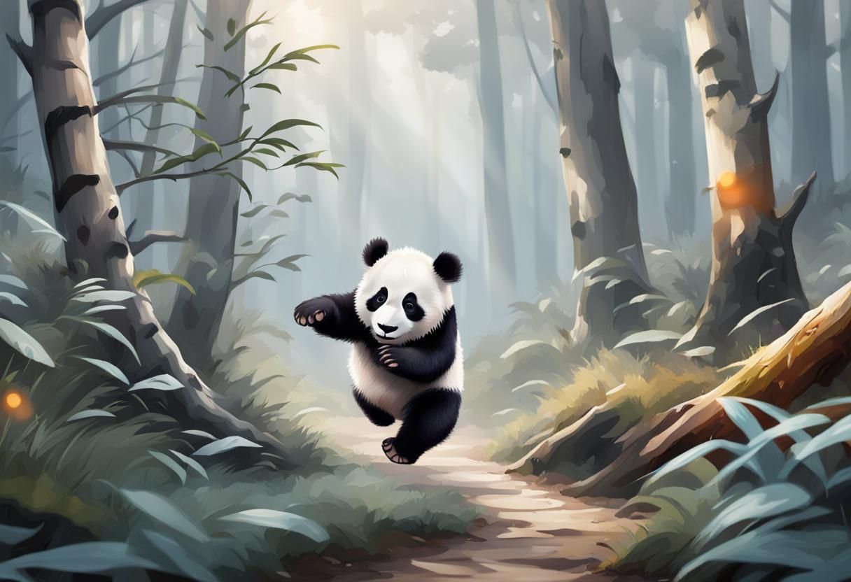 Playful Baby Panda Jumping in Forest