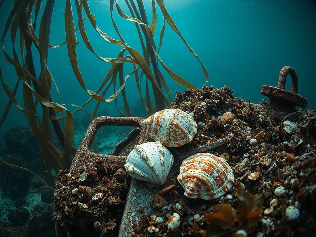 Underwater Landscape with Shells and Seaweed