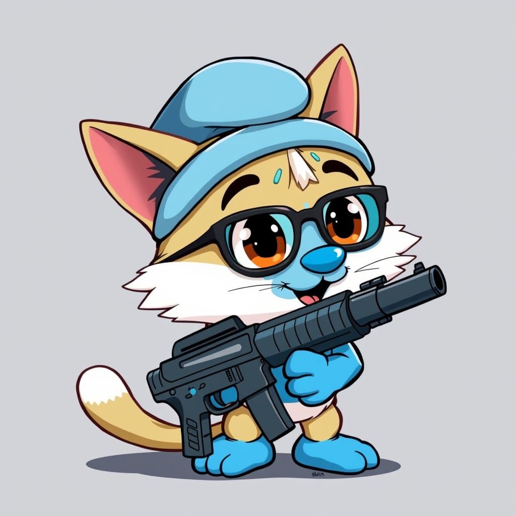 Whimsical Smurf Cat Wields Toy Glock in Vibrant Cartoon Styl...