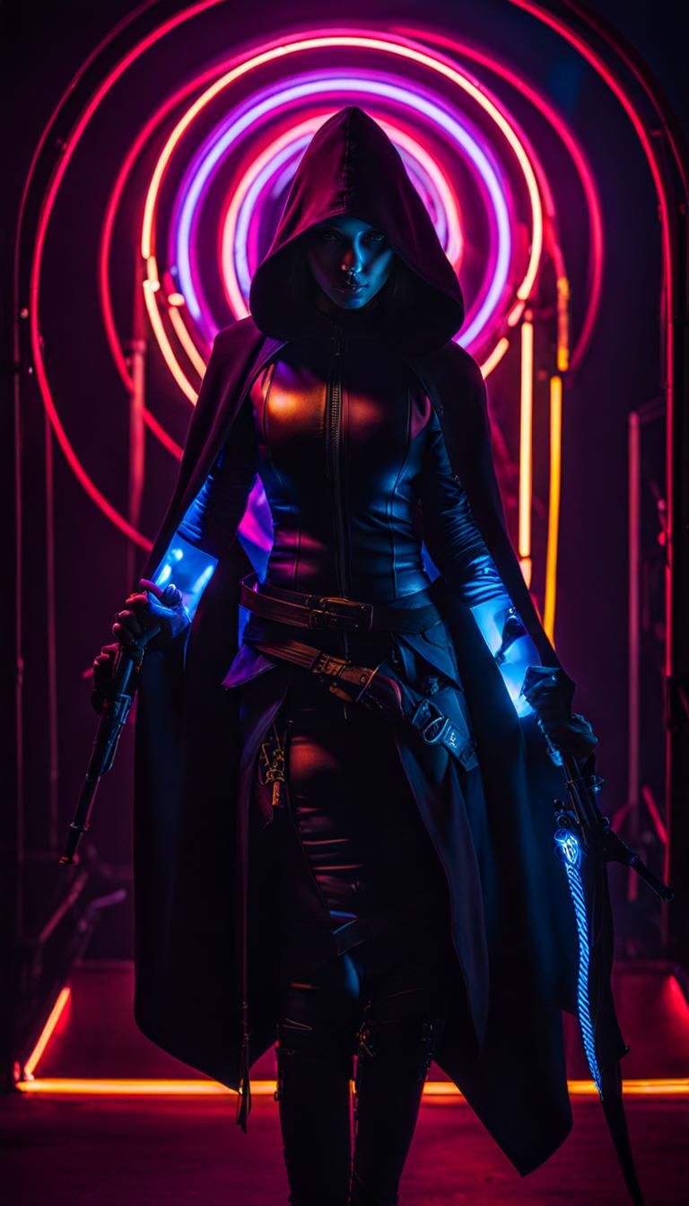 Neon Hooded Assassin Portrait in Chiaroscuro Style