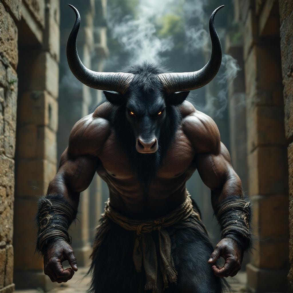 Fearsome Minotaur in Stone Labyrinth, Professional Photograp...