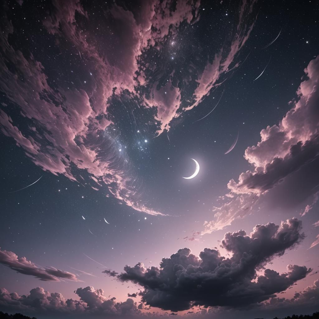 Starry Night Sky with Crescent Moon: Hyperrealistic Photo